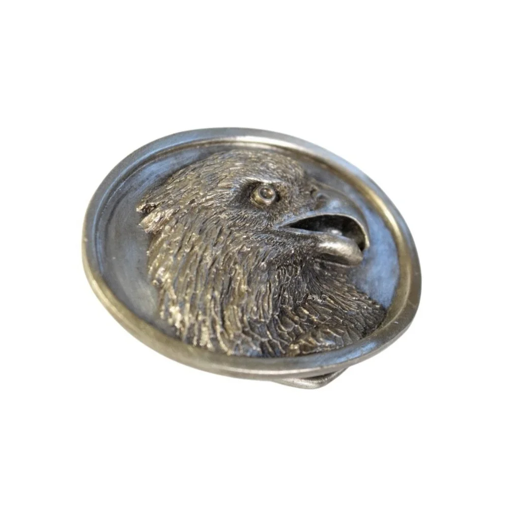 Vintage 1984 Bergamot Brass Works Eagle Head Oval Silver Tone Belt Buckle USA